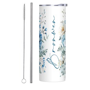 May include: A white tumbler with a blue floral design and the name "Breanna" written in blue script. The tumbler comes with a stainless steel straw and a cleaning brush.