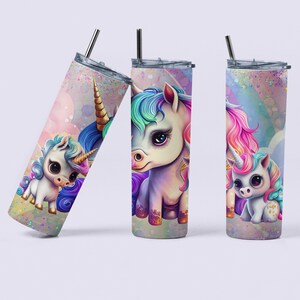 Bright Rainbow Unicorns Glitter Unicorn 20oz Skinny Tumbler with Straw