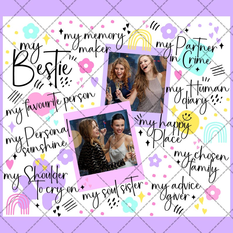 May include: A square, light purple graphic with the words "my Bestie" and other phrases like "my memory maker" and "my partner in crime." Two photos of women are included, along with decorative elements.