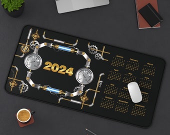 Desk Mat with 2024 Calendar - Gaming Desk Mat, Long Desk Mats, Mousepad,  , Gaming Mousepad, steampunk home decore, steampunk desk decor