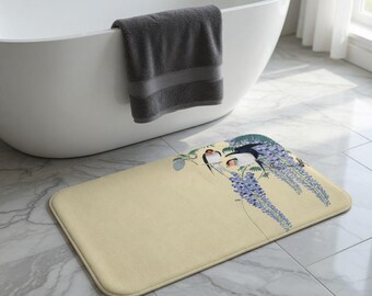 Alfombrilla de baño / Estampado floral japonés / Decoración con golondrinas y glicinias