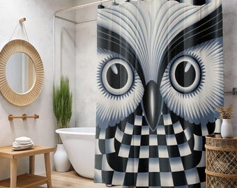 Monochrome Geometric Owl Shower Curtain | Black White Checkerboard
