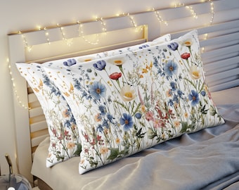 WildflowersThrow Pillow Cover, Boho Style, Spun Polyester Square Pillow Case -  Four Sizes: 14x14, 16x16, 18x18, 20x20 in, housewarming gift