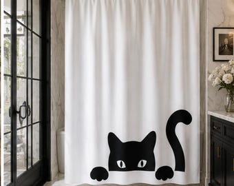 Black Cat Peeking Shower Curtain, Minimalist Polyester Bath Decor