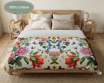 Blumen Baumwolle Bettbezug | Botanisches Schmetterlingsmuster