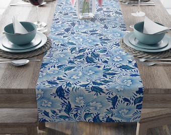 Blue Floral Damask Table Runner | Cotton Polyester