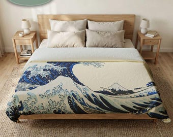 Housse de couette en coton Wave | Literie d'art japonais, imprimé océan indigo
