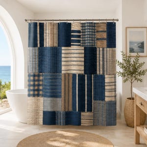 May include: A patchwork shower curtain featuring a variety of rectangular fabric panels in shades of navy blue, beige, and cream. The design includes alternating patterns of solid colors, vertical stripes, and small checkered squares throughout.