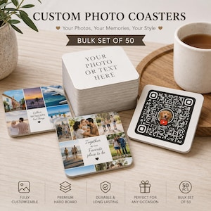 May include: A stack of square photo coasters with the text "YOUR PHOTO OR TEXT HERE". Several coasters display family photos and a QR code. The coasters are part of a bulk set of 50 and are fully customizable.