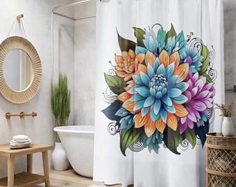 Può includere: Una tenda da doccia bianca e un tappetino da bagno abbinato con un grande motivo floreale centrale composto da petali stratificati nei toni del blu, arancione, viola e verde, arricchito da dettagli a linee nere vorticose su fondo bianco.