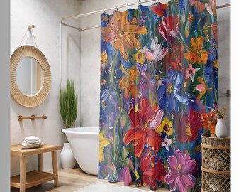 Boho Floral Shower Curtain, Botanical Print, Home Decor