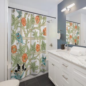 Vintage Rose Trellis Shower Curtain | Floral Birds and Cat Pattern