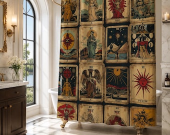 Tarot Shower Curtain, Mystical Vintage Card Bathroom Decor, Antique Occult Art