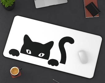 Peeking Black Cat Desk Mat | Minimal Cat Silhouette Mouse Pad