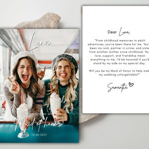 Kaartsjabloon bruidsmeisje voorstel, Will You Be My Bridesmaid and Maid Of Honor, foto voorstel kaart voor- en achterkant, afdrukbaar en mobiel