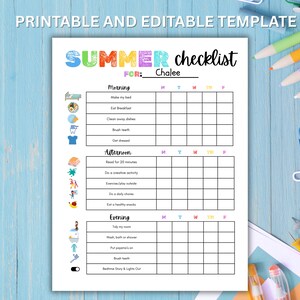 Druckbare bearbeitbare SOMMER Tägliche Checkliste für Kinder | Sommerregeln | Haushaltstabelle für Kinder | Sommer Routine | Sofort Download