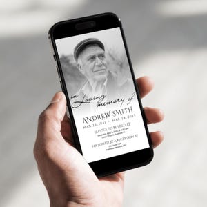 Feier des Lebens E-invite, Erinnerungs-Evite CANVA, Schwarz-Weiß-Beerdigung elektronische Traueranzeige, elektronische Trauerfeier-Einladung