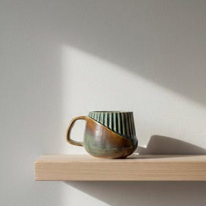Könnte beinhalten: Eine handgefertigte Keramik-Tasse mit einzigartigem Design. Die Tasse hat einen gerippten, dunkelgrünen oberen Bereich und einen braun-grünen unteren Bereich. Sie hat einen gebogenen Henkel und steht auf einem Holzregal. Die Tasse ist etwa 10 cm hoch.