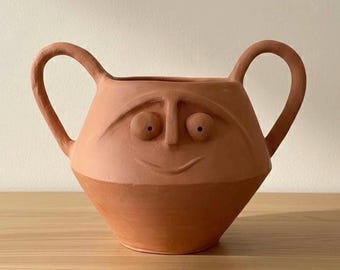 Handgefertigte Keramikvase mit Gesichtsmotiv, moderne Skulpturenvase, einzigartige Wohndekoration, Boho-Geschenk für Sie