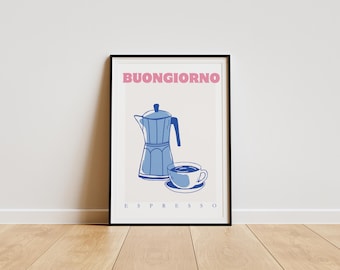 Impresión de arte italiano Moka Pot – Decoración de cocina Buongiorno (Descarga digital)