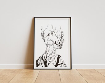 Surreales Waldgesicht Art Print, Minimalistische Natur Poster (Digitaler Download)
