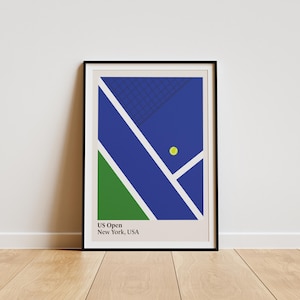 Impresión de tenis en cancha dura azul, póster de tenis de Nueva York, arte mural minimalista de tenis, decoración de tenis Grand Slam, impresión artística deportiva