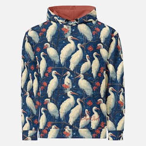 Chinoiserie Heron Hoodie – Elegant Crane Pullover, Blue Floral Bird Sweatshirt, Oriental Nature Art Fashion