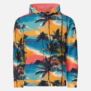 Tropical sunset hoodie beach palm tree hoodie colorful island landscape sweatshirt surfer vacation hoodie summer vibe pullover gift
