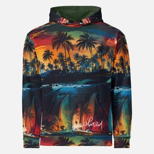 Tropical Sunset Surfboard Hoodie - All Over Print Palm Tree and Beach - Surfers and Travel Enthusiasts for the Trendsetting Wardrobe