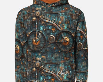Felpa con cappuccio Vintage Bicycle Art: Felpa con cappuccio Steampunk Bike color bronzo verde acqua
