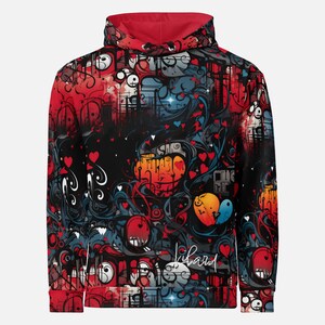Urban Graffiti Heart Hoodie - Bold Red & Black - Street Art-Inspired Design for the Creative Spirit