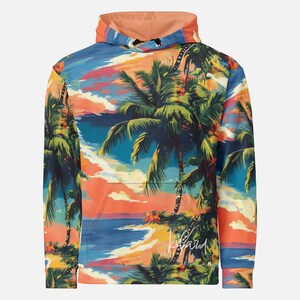 Tropical beach sunset hoodie palm tree ocean print unisex summer hoodie surfer vacation hoodie colorful beach lover gift