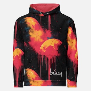 Galaxy moon drip hoodie bold space art sweatshirt gift for stargazer streetwear lovers