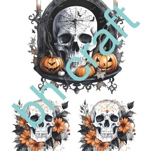 Può includere: Un design di trasferimento a tema Halloween con un teschio con una ragnatela, zucche e candele. Il design include il testo "DARK SURFACE TRANSFER" e il logo "BH CRAFT". Sono presenti anche disegni di teschi aggiuntivi con fiori arancioni.