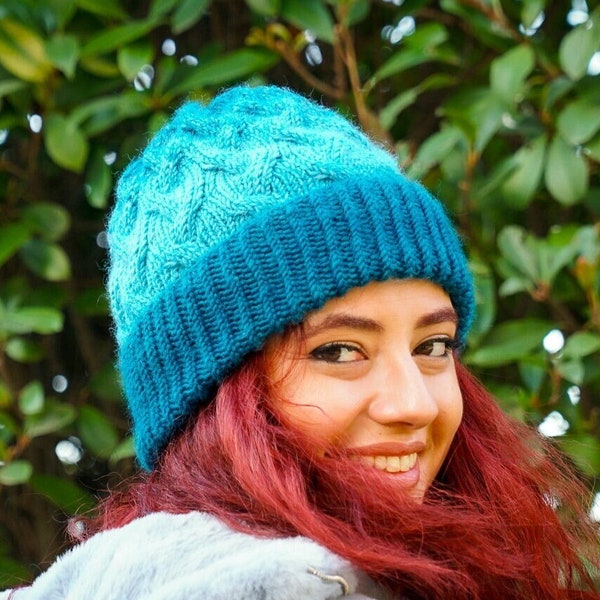 Blue ombre colored knitted patterned beanie, winter beret, pompom beanie, gift for her