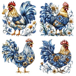 May include: Four decorative rooster illustrations. Each rooster features a detailed design with blue, yellow, and white floral patterns. The roosters have red combs and waddles, with a white background.