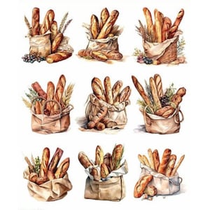 Trasferimento di pane rustico nel cestino / Decalcomania ad acqua per baguette fresca / Carta da trasferimento per mobili e legno per decorazioni da forno o da cucina