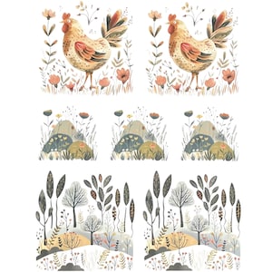 Op de afbeelding: Een digitale illustratie van een zich herhalend patroon met een gestileerde kip in een veld met bloemen en groen. De kip is bruin en geel met een rode kam en rode keellapjes. De bloemen zijn roze, geel en wit. Het groen is groen en bruin.