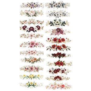 May include: A selection of watercolour floral border designs. Each design features a variety of flowers in shades of pink, red, purple, and white, with gold accents. The borders are arranged on a white background.