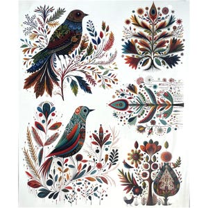 Può includere: Un'illustrazione digitale con cinque motivi floreali colorati con uccelli. I motivi sono in stile arte popolare con dettagli intricati e colori vivaci. Gli uccelli sono blu, verdi e rossi con accenti neri.