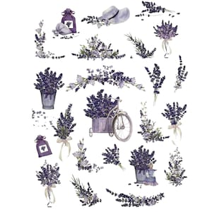 Decalcomania con trasferimento ad acqua di lavanda / Decalcomania con fiori viola rustici per mobili / Trasferimento bagnato floreale shabby chic / Materiali per bricolage fai da te