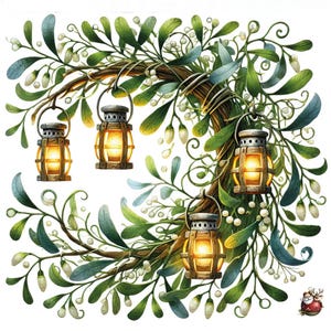 Può includere: Una composizione di rami curvi decorata con foglie di vischio verdi e piccole bacche bianche, con quattro lanterne sospese che emettono una calda luce gialla. In basso a destra è presente un piccolo ornamento rosso con Babbo Natale.