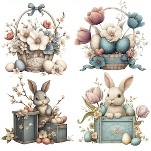 Può includere: Quattro illustrazioni a tema pasquale. Due cesti traboccanti di fiori e uova decorate. Due coniglietti seduti in casse di legno blu, circondati da uova e fiori. Colori pastello tenui: bianco, blu, rosa e beige.