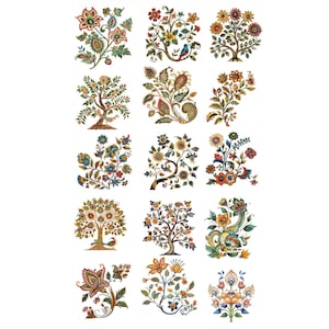 May include: A collection of colorful floral tree designs. Each design features intricate details with a variety of flowers, leaves, and patterns. The color palette includes shades of red, yellow, blue, and green, creating a vibrant and decorative aesthetic.