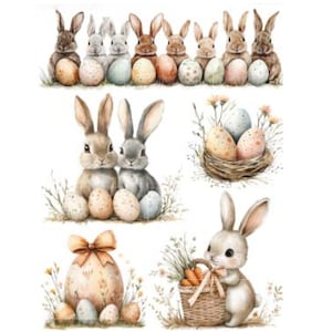 Pode incluir: Ilustrações em aquarela de coelhos e ovos de Páscoa. A imagem apresenta vários coelhos com diferentes cores de pelo, combinados com ovos decorados em uma variedade de cores. Alguns coelhos estão em grupos, outros com cestas e ninhos.
