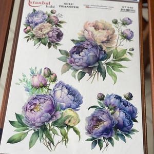 Purple Peony Furniture Transfer Paper, Flower Decor Water Slide Decal, Flower Image Craft Transfer, Decorative Redesign Transfer Sheet