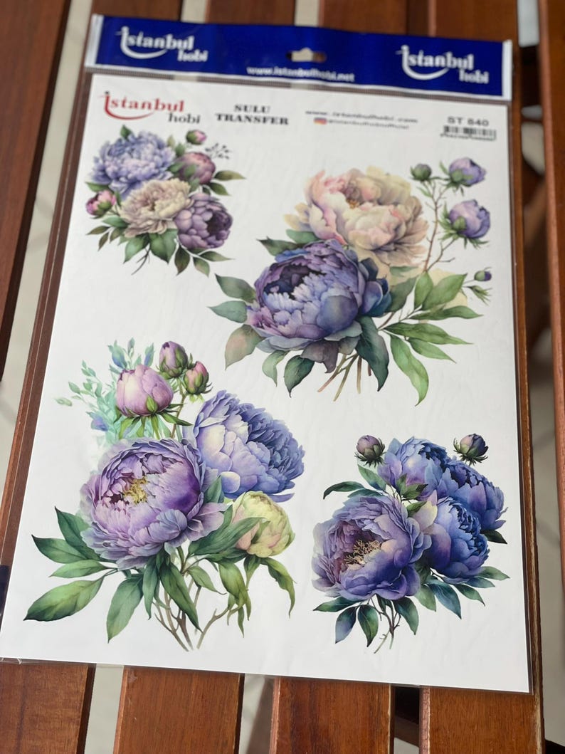 Purple Peony Furniture Transfer Paper, Flower Decor Water Slide Decal, Flower Image Craft Transfer, Decorative Redesign Transfer Sheet