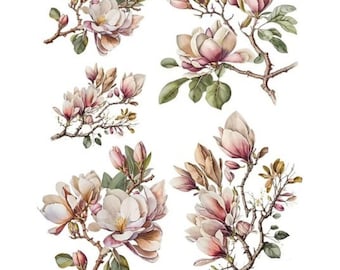 Pink Magnolia Water Slide Decal for Furniture | Floral Craft Paper | Redesign Wood Decal | Magnolia Branches Image Transfer