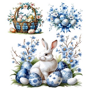 Puede incluir: Ilustración en acuarela con elementos de Pascua. Un conejo blanco se encuentra entre huevos estampados en azul y blanco y vegetación. Una cesta de huevos y arreglos florales completan el diseño, todo en colores pastel suaves. Ideal para manualidades y decoraciones de Pascua.