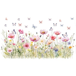 May include: A watercolour illustration of a wildflower meadow featuring pink, yellow, and blue flowers. Butterflies of various sizes and colours are depicted fluttering above the flowers. The image has a soft, dreamy quality.